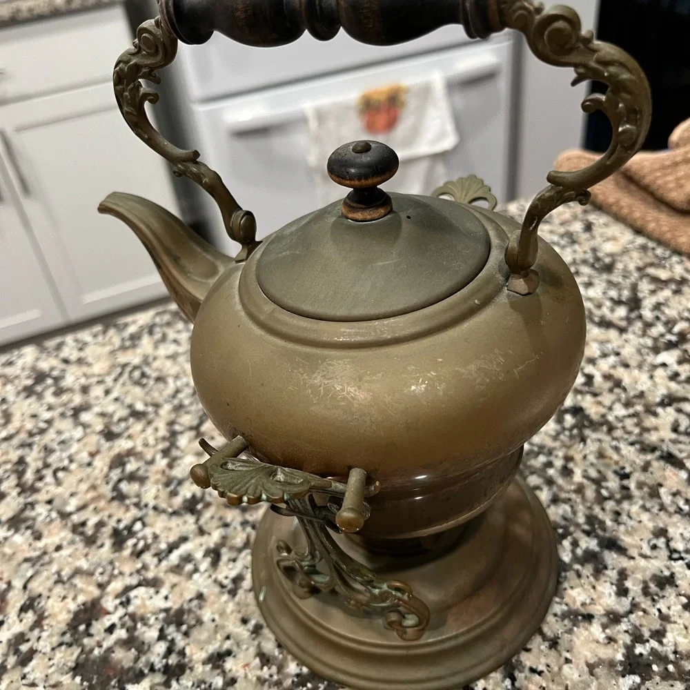 Antique Copper/Brass Tea Pot Lidded Kettle w/ Ornate Stand & Burner - Picture 4 of 8